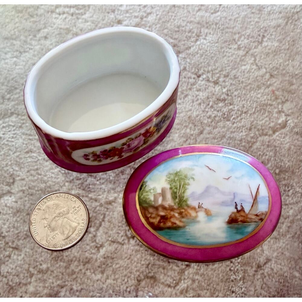 Signed Hand Painted Porcelain Trinket Box; Lake Scene Floral Pink Gold White